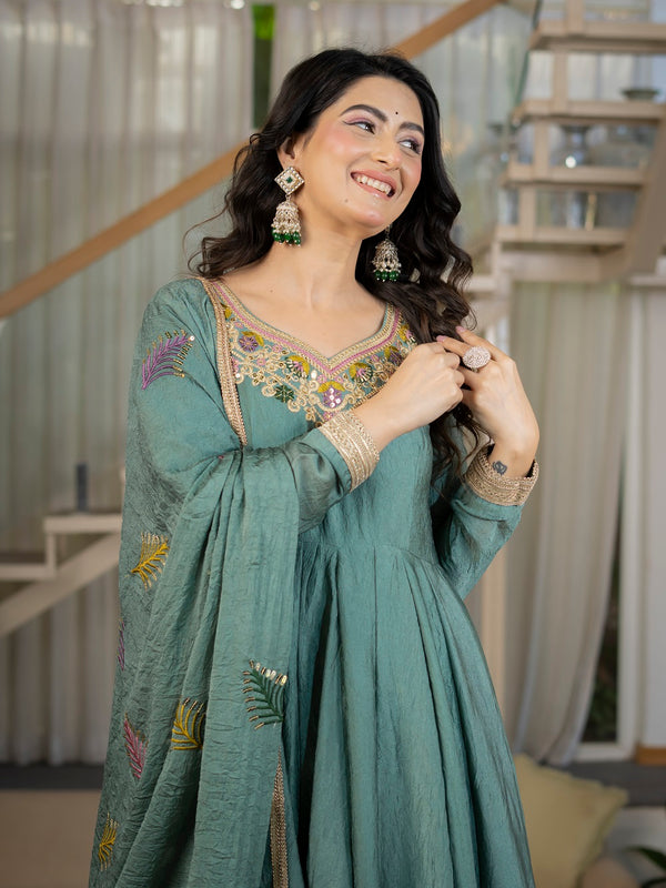 Designer Teal Anarkali Suit Set with Rich Border & Neck Embroidery