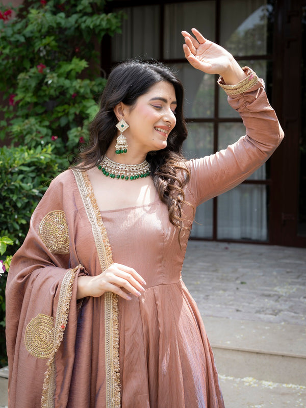 Jiya Premium Blush Brown Anarkali Gown with Golden Border Dupatta