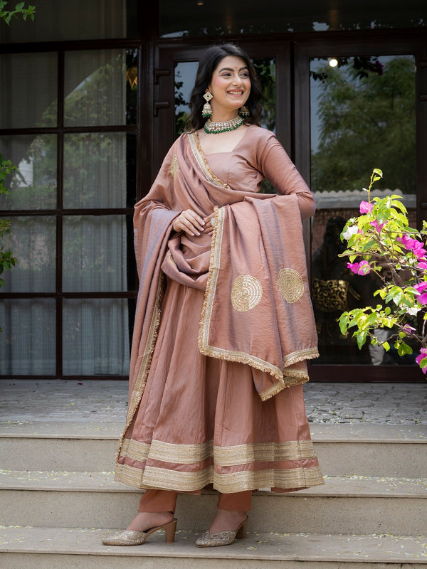 Jiya Premium Blush Brown Anarkali Gown with Golden Border Dupatta