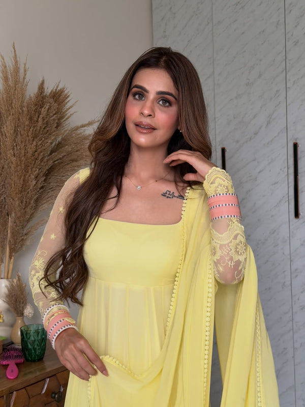 Mahi Pastel Yellow Embroidered Anarkali Suit Set with Dupatta