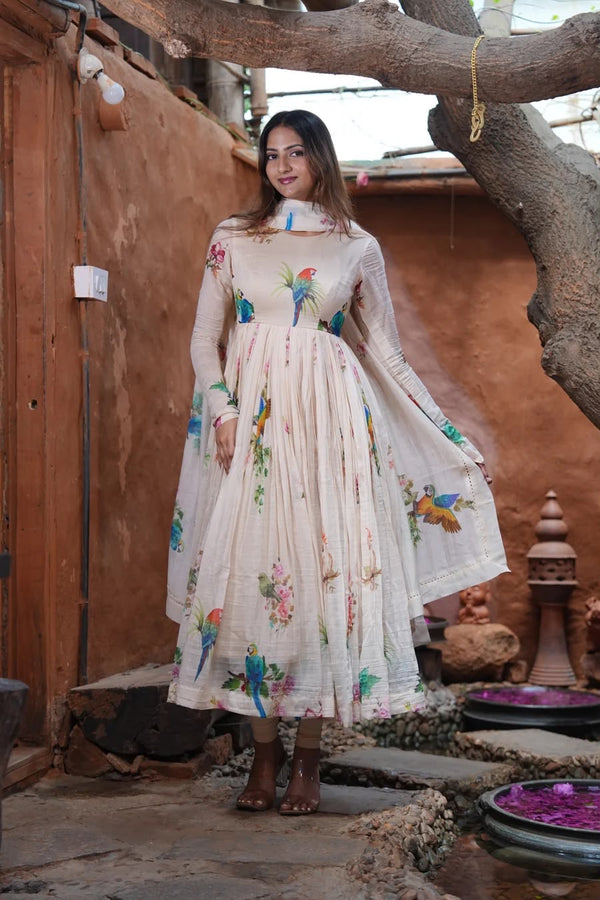 White Floral Printed Designer Anarkali Suit Set with Dupatta