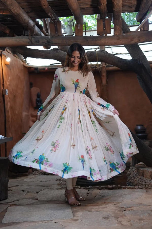 White Floral Printed Designer Anarkali Suit Set with Dupatta