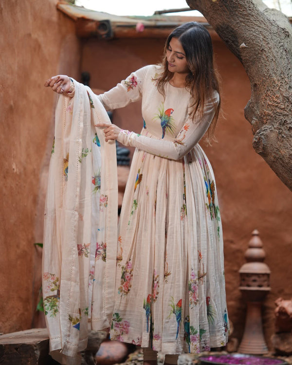 White Floral Printed Designer Anarkali Suit Set with Dupatta
