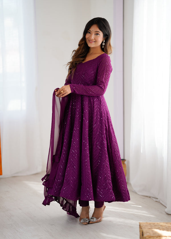 Wine Embroidery Heavy Fox Georgette Anarkali Gown
