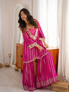 Hot Pink Striped Sharara Suit Set with Embroidered Mirror Kurta