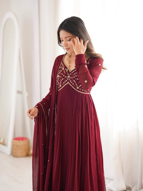 Wine Red Embroidered Anarkali Suit Set with Dupatta