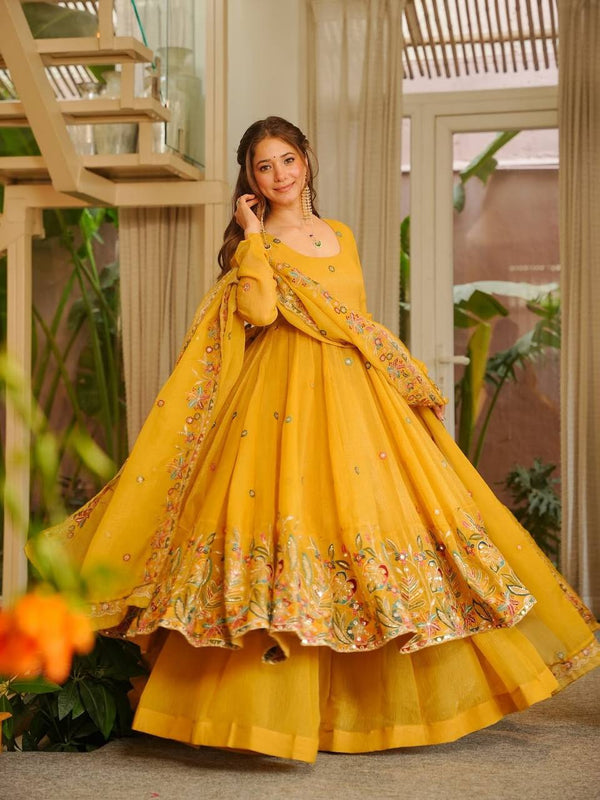 Nilam yellow Embroidered Anarkali Suit Set