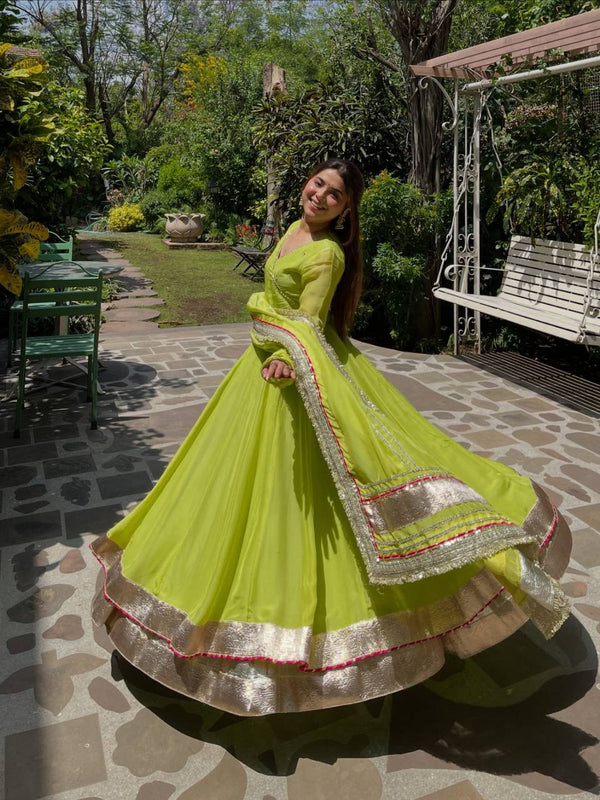 Lime Green Flared Anarkali Suit Set with Dupatta