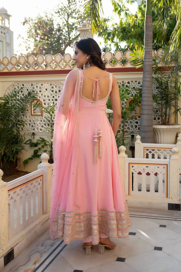 Priya Aarohi Baby Pink Flared Anarkali Suit Set with Embroidered Dupatta