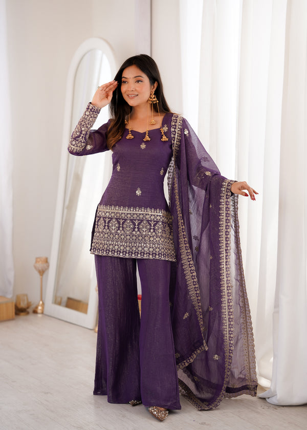Royal Purple Embroidered Sharara Suit Set with Dupatta