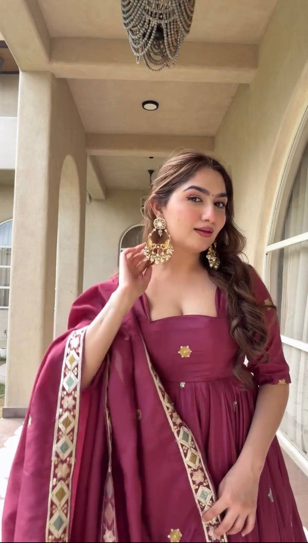 Meera Wine Embroidered Anarkali Suit Set with Dupatta
