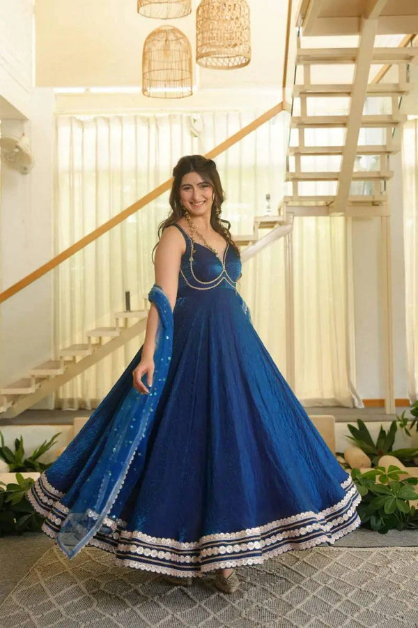 Royal Blue Embroidered Anarkali Suit Set with Dupatta