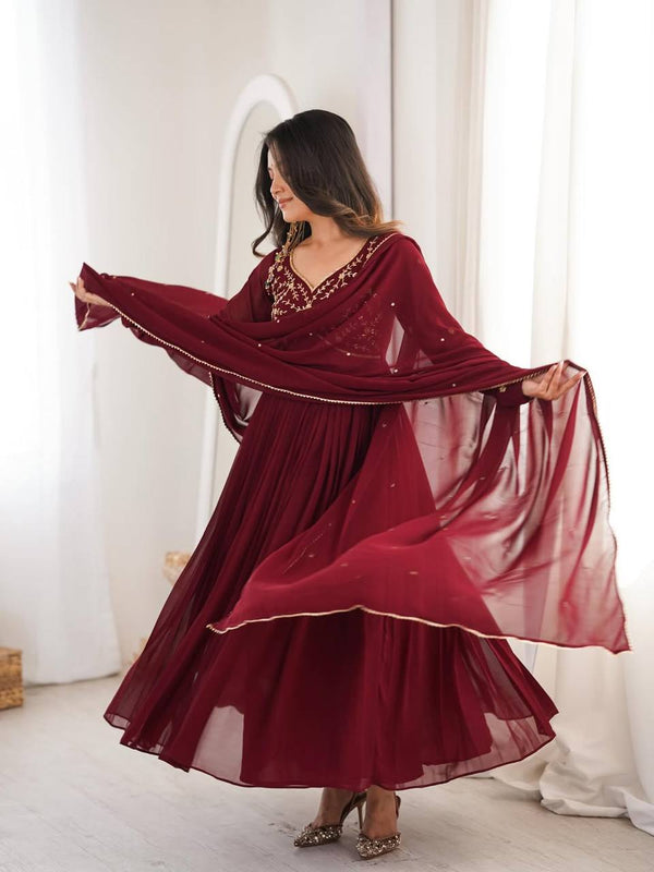 Wine Red Embroidered Anarkali Suit Set with Dupatta