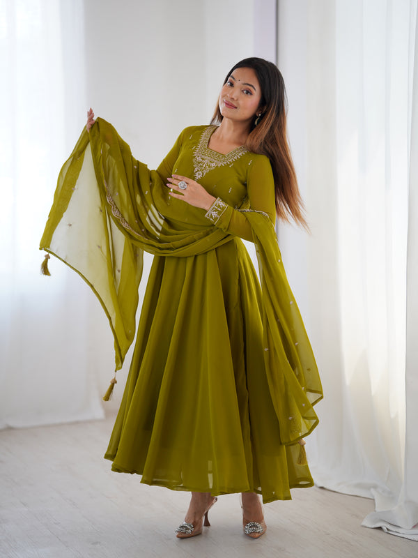 Suri Mahendi Green Embroidery Pure Georgette Anarkali Gown