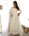 Divine Off White Colored Heavy Roman Silk Chanderi Anarkali Gown