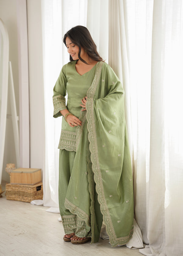 Sage Green Embroidered Kurta Set with Dupatta & Patiala Pants