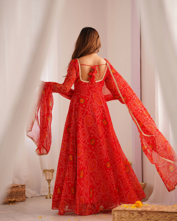 Bandhej Red Soft Chiffon Forest Designer Anarkali Gown