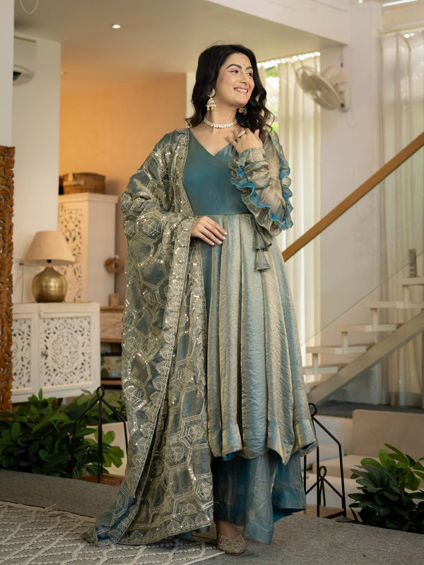 Elegant Ice Blue Embroidered Anarkali Suit Set with Dupatta