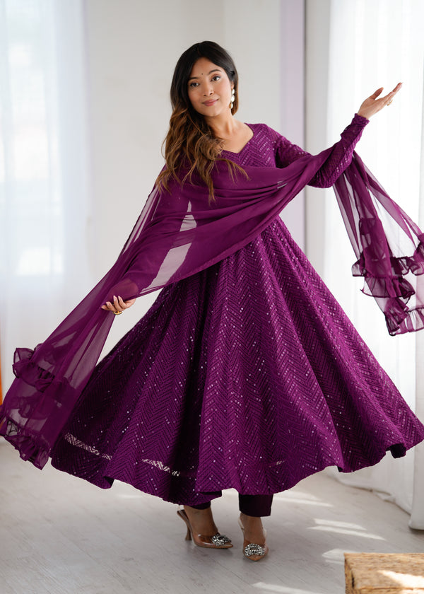 Wine Embroidery Heavy Fox Georgette Anarkali Gown