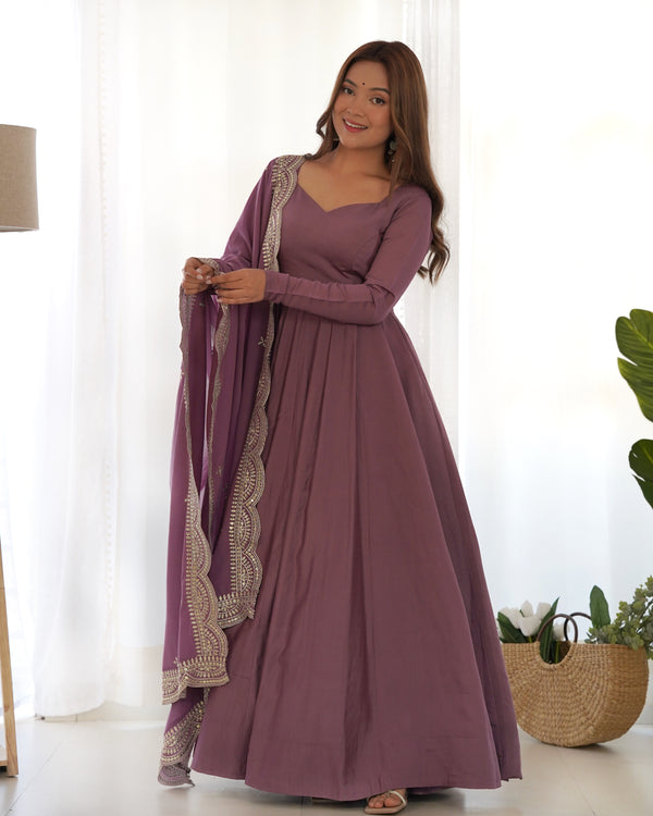 Divine Wine Colored Heavy Roman Silk Chanderi Anarkali Gown