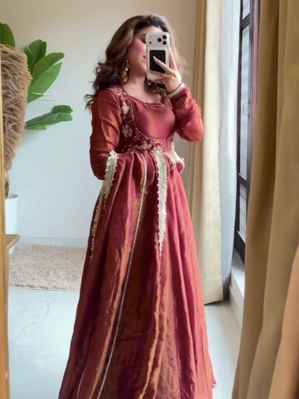 Rust Silk Embroidered Anarkali Suit Set with Dupatta