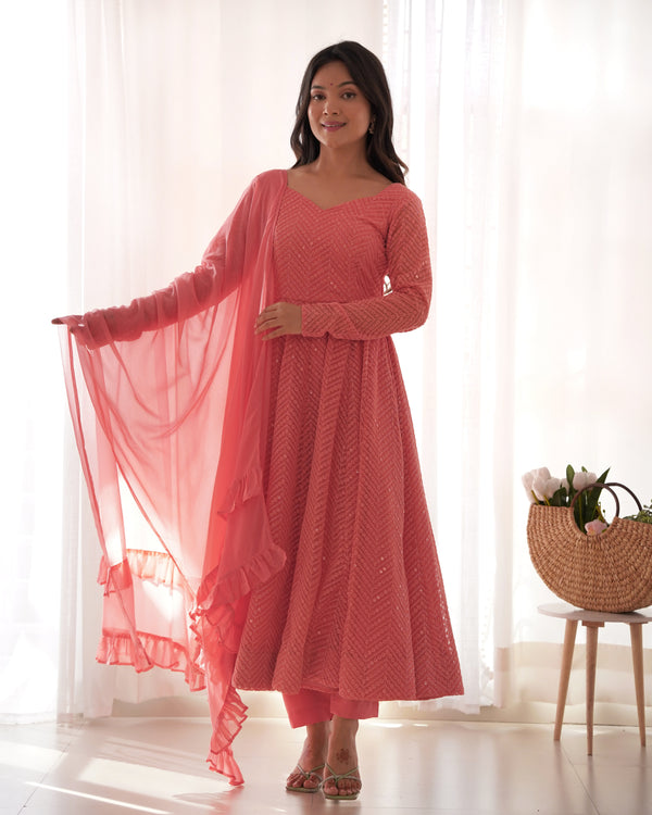 Peach Embroidery Heavy Fox Georgette Anarkali Gown