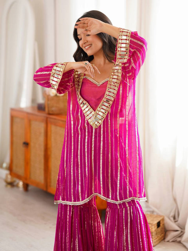 Hot Pink Striped Sharara Suit Set with Embroidered Mirror Kurta