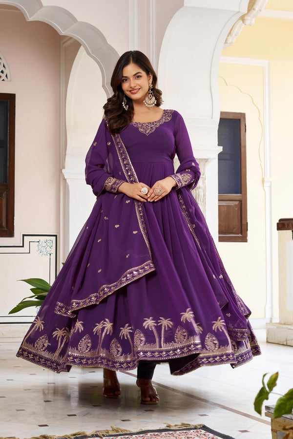 Beach Purple Faux Georgette Embroidered Suit Set