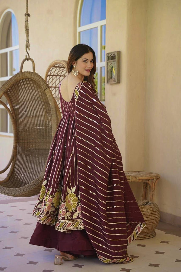 Diya Wine Floral Embroidered Anarkali Suit Set with Dupatta