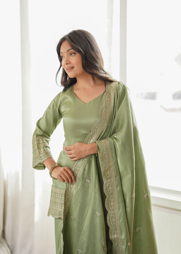 Sage Green Embroidered Kurta Set with Dupatta & Patiala Pants
