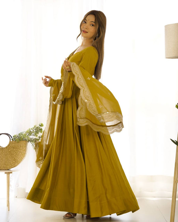 Divine Mustured Colored Heavy Roman Silk Chanderi Anarkali Gown