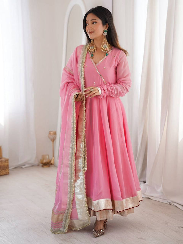Lime Pink Flared Anarkali Suit Set with Dupatta