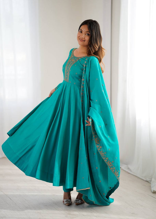 Swity Trending Rama Pure Roman Chanderi Silk Anarkali Gown