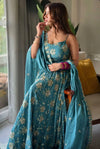 Aqua Blue Floral Sequins Anarkali Suit Set with Dupatta