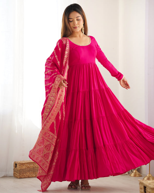Burgundy Pink Pure Soft Roman Silk Kalamkari Anarkali Gown