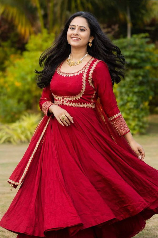 Classic Red Ethnic Anarkali Dress with Heavy Embroidery Work