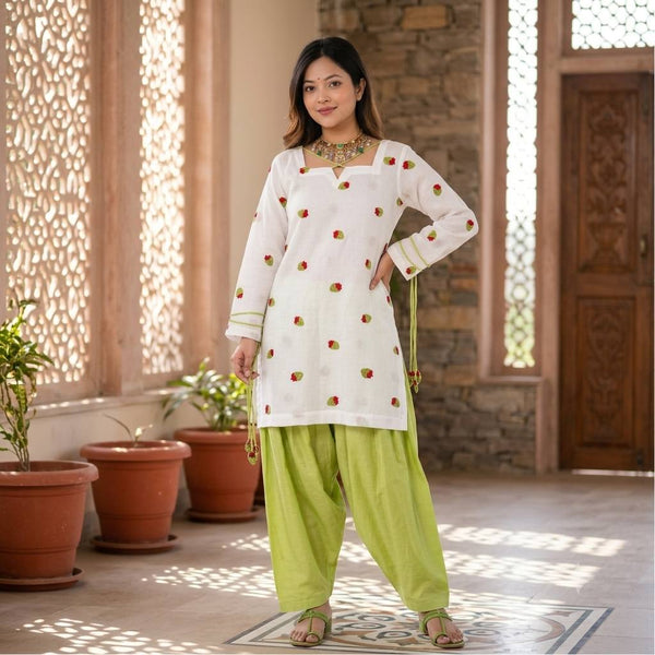 Kiara White & Lime Green Embroidered Kurta Pant Set with Dupatta