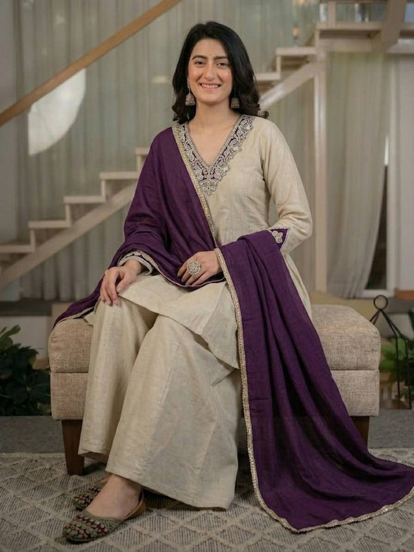 Aarini Embroidered Kurta Palazzo Suit Set with Purple Dupatta