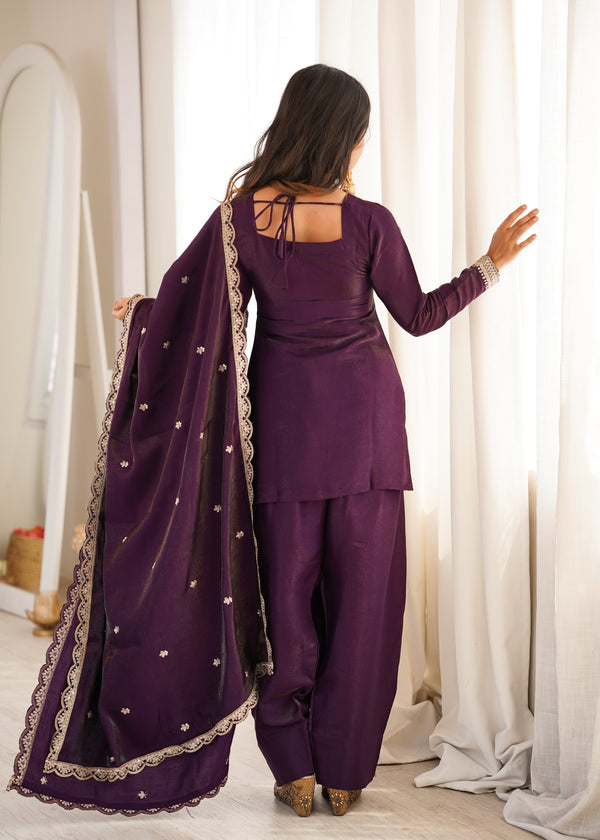 Women's Purple Embroidered Punjabi Suit Set with Dupatta