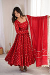 Women's Red Flared Anarkali Suit Set with Embroidered Dupatta
