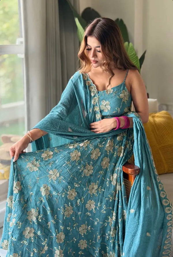 Aqua Blue Floral Sequins Anarkali Suit Set with Dupatta