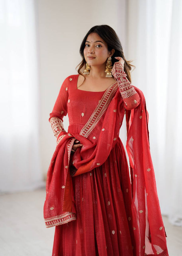 Trending Red Pure Crunchy Silk Anarkali Gown