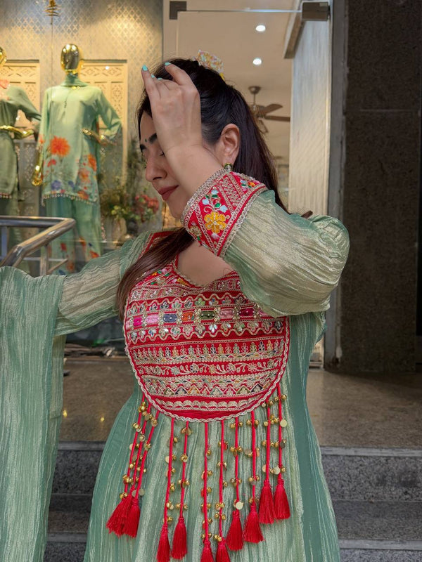 Sage Green Hand Work Anarkali Suit Set with Dupatta