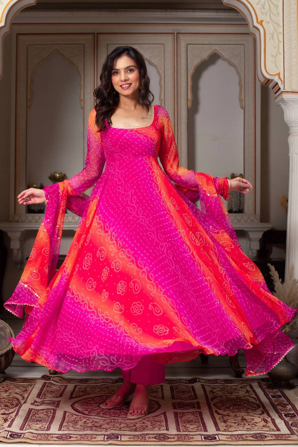 Pink And Red Designer Bandhni Anarkali Suit Set