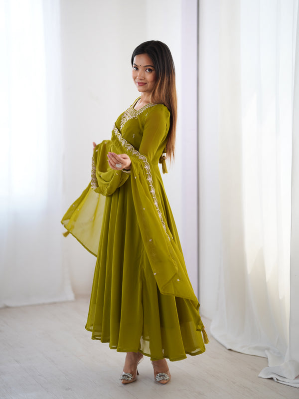 Suri Mahendi Green Embroidery Pure Georgette Anarkali Gown