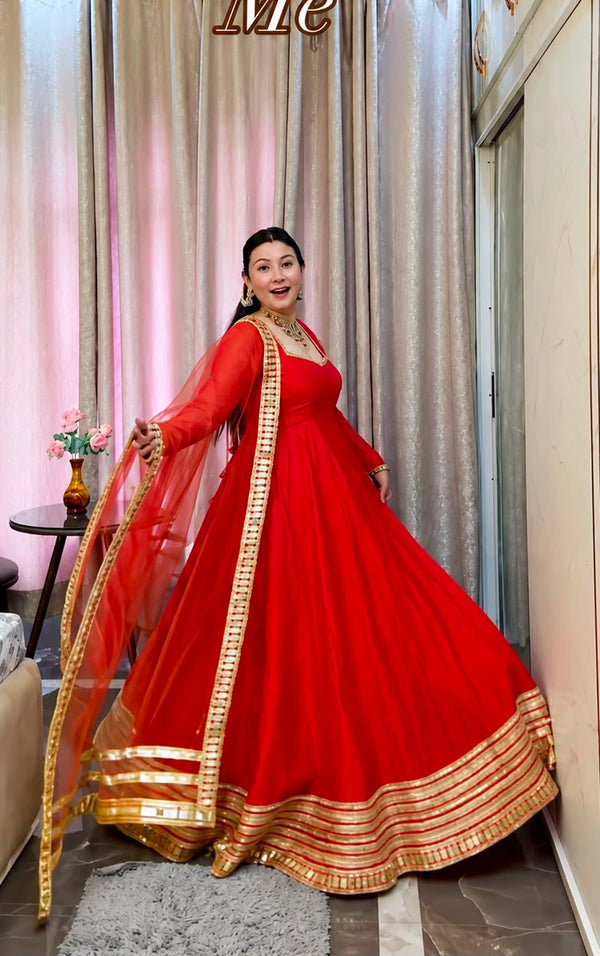 Red Designer Anarkali Suit Set with Embroidered Border & Dupatta