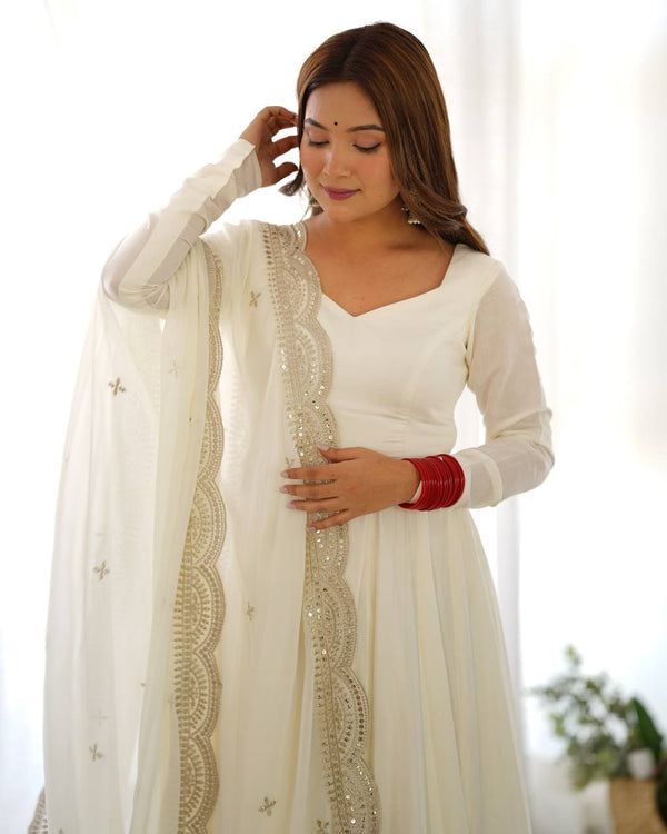 Divine Off White Colored Heavy Roman Silk Chanderi Anarkali Gown