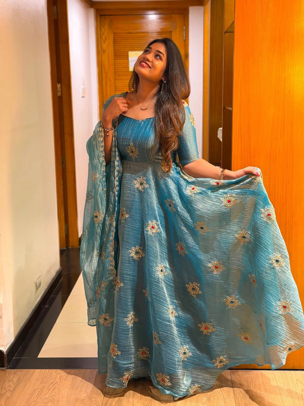 Radhika Elegant Teal Blue Embroidered Flared Anarkali Suit Set with Dupatta