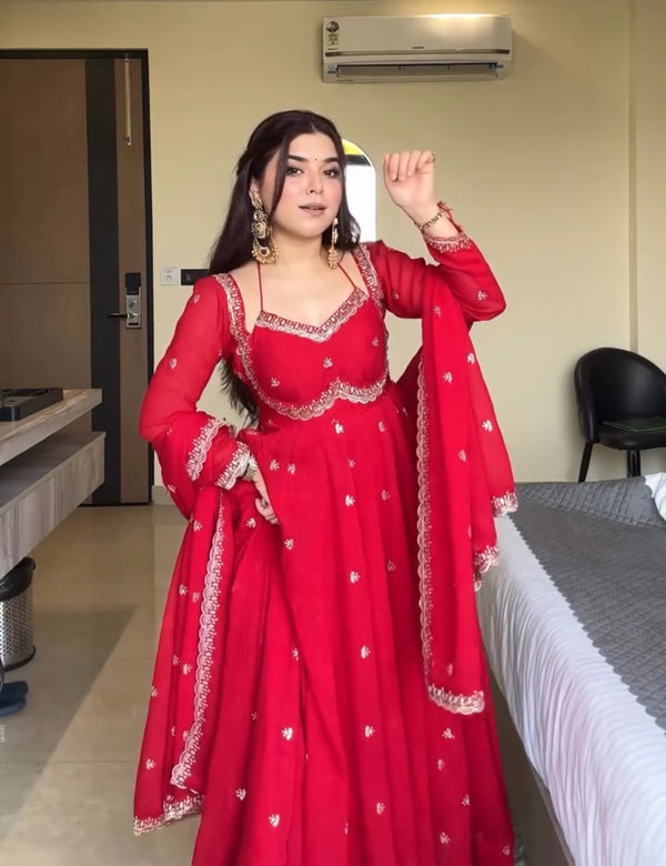 Red Chilli Slit Anarkali Premium Suit Set