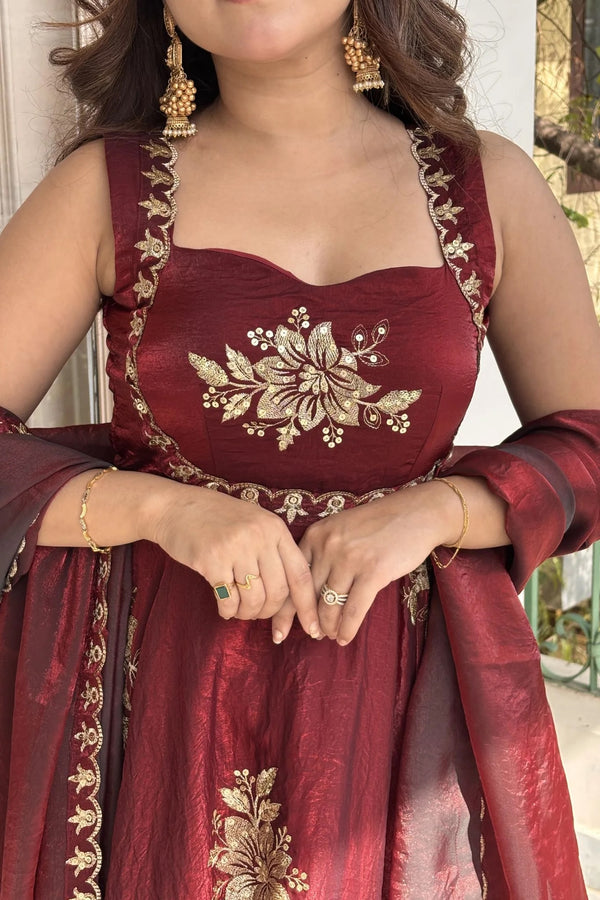 Designer Maroon Embroidered Anarkali Suit Set for Women